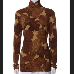 Norma Kamali Leaf Print Long Sleeve Turtle Top